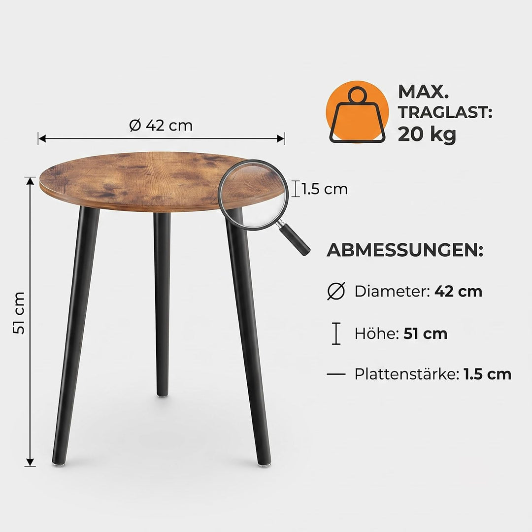 APICIZON Beistelltisch Rund Holz - Klein, Skandinavischer Stil, Vintage Braun, 42x42x51CM, Einfacher