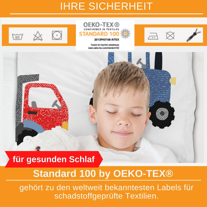 Aminata kids Kinderbettwäsche 100x135 Jungen Bagger Baustelle Baufahrzeuge Baumwolle mit YKK Reissve