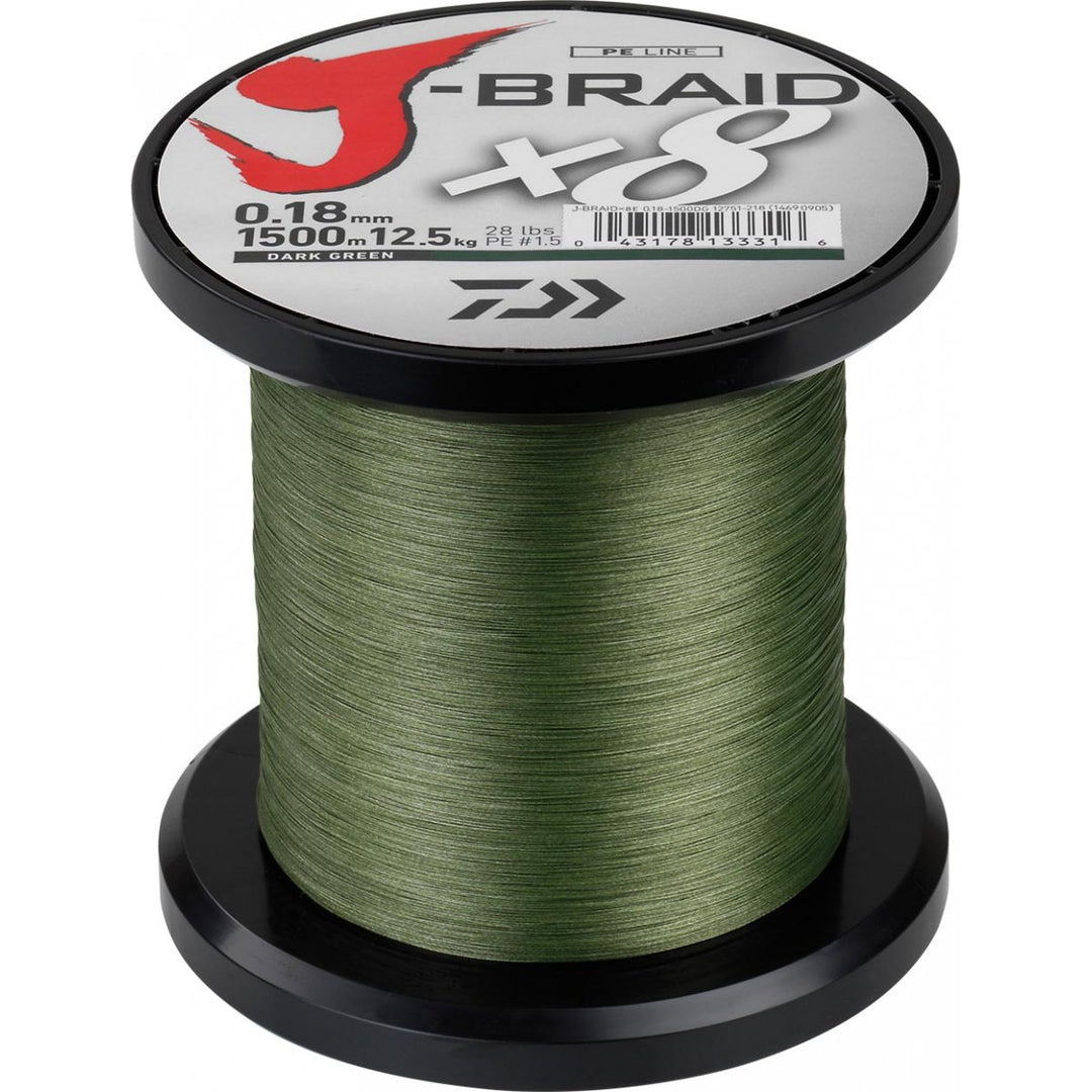 Daiwa J-Braid 8 Braid 0.42mm, 46.5kg / 103.0lbs, 1500m dunkelgrün, rund geflochtene Angelschnur