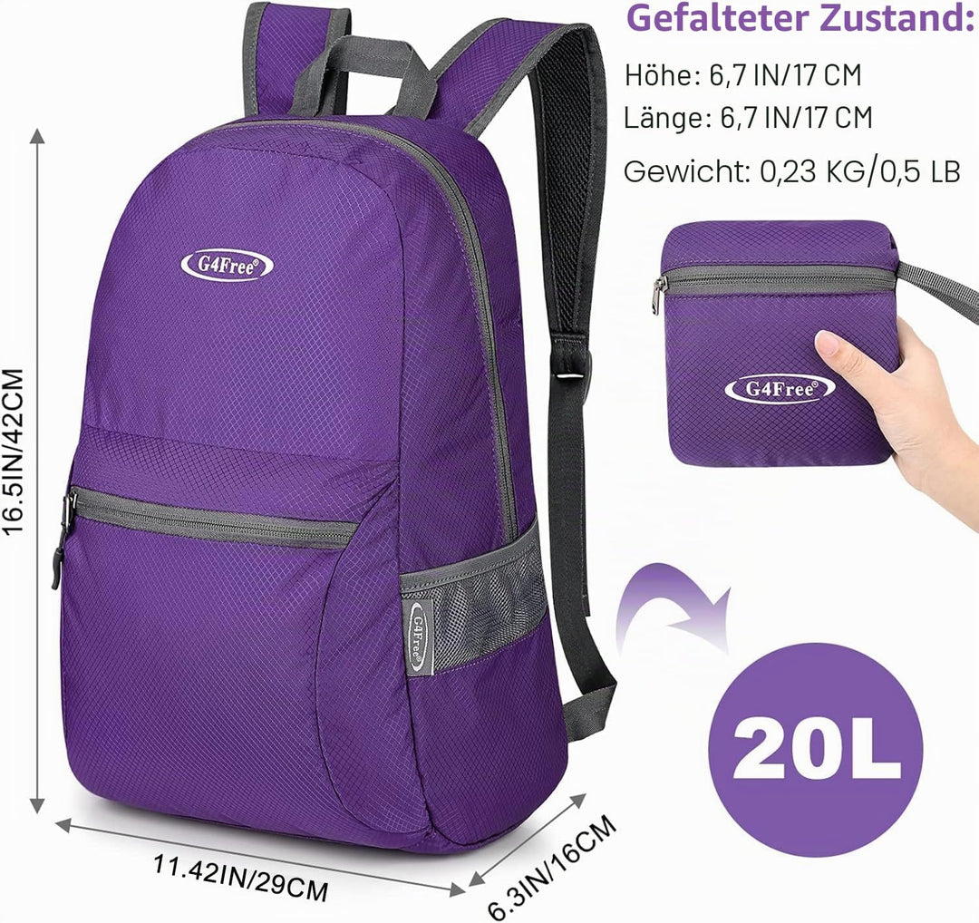 G4Free 20L Faltbarer Rucksack Ultraleichter Wanderrucksack Daypack für Männer Frauen und Kinder für