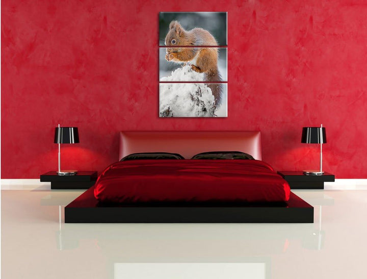 Pixxprint Kleines Eichhörnchen im Winter 3-Teiler Leinwandbild 120x80 Bild auf Leinwand