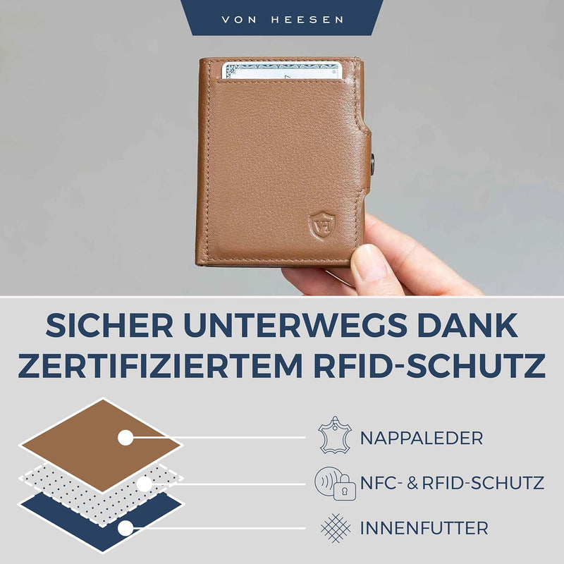 VON HEESEN Slim Wallet mit XL Münzfach & RFID-Schutz - Mini Geldbörse Herren & Damen - Kartenetui Ge