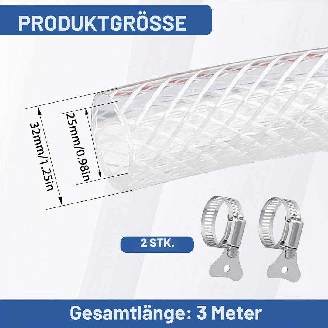 Geflochtener PVC Gewebeschlauch 25x32mm 3 Meter, Transparent Verstärkter Hochdruck Schlauch, Flexibe