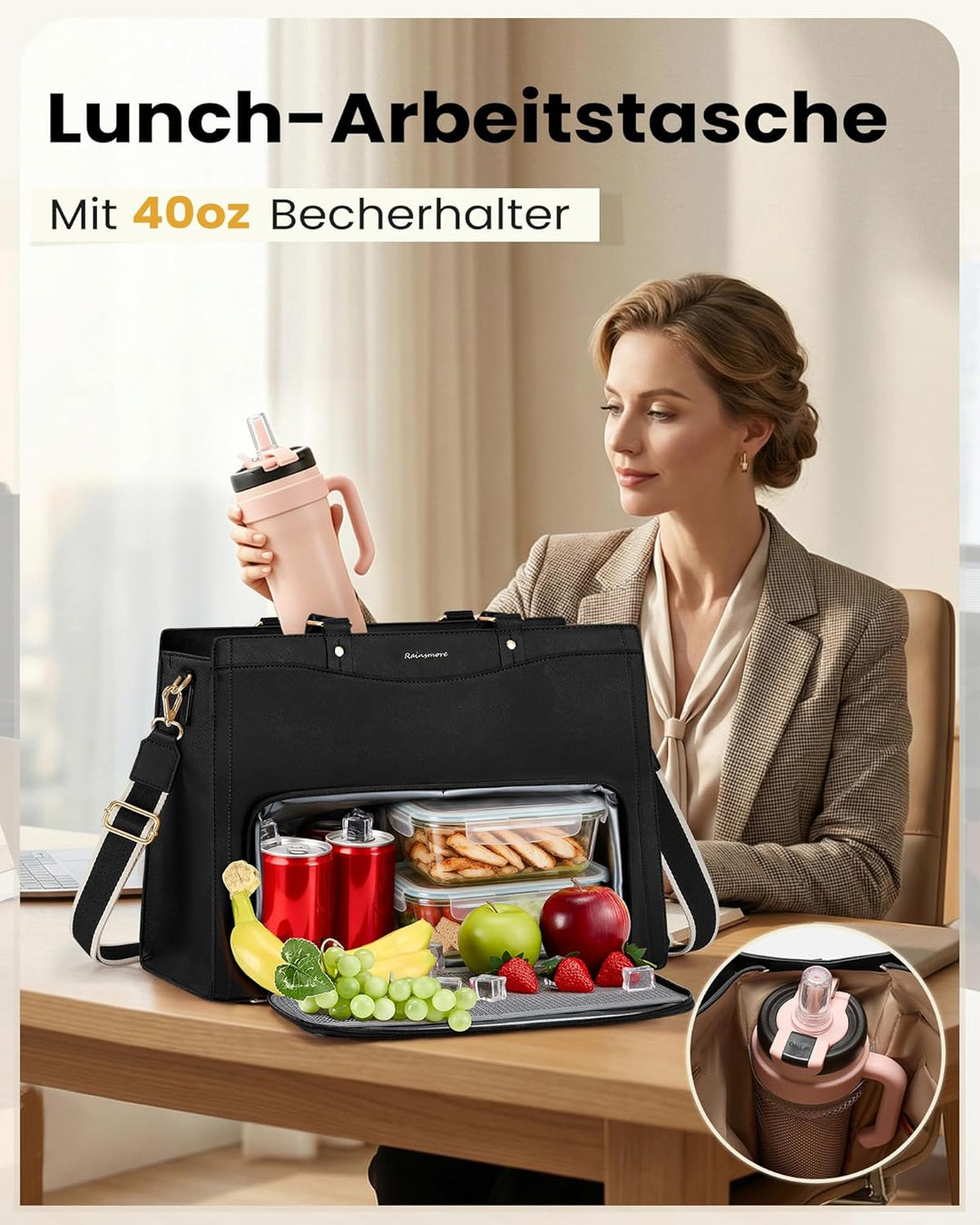 RAINSMORE Lehrertasche Damen mit Kühlfach 15,6 Zoll Laptoptasche Arbeitstasche Damen Gross PU Leder