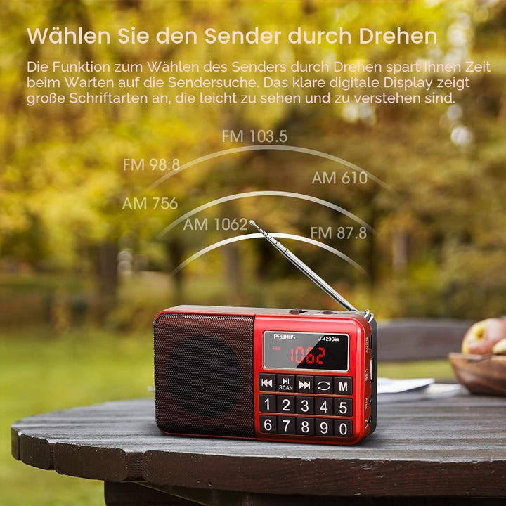 PRUNUS J-429SW Tragbares Radio klein FM/AM(MW)/SW,Grosse Gummierte Knöpfe&Display Digital Radio für