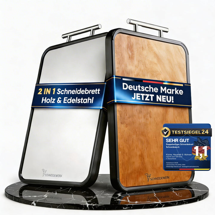 Doppelseitiges Schneidebrett Holz & Edelstahl – 2-in-1 Küchenbrett | Rutschfestes Cutting Board, Gro