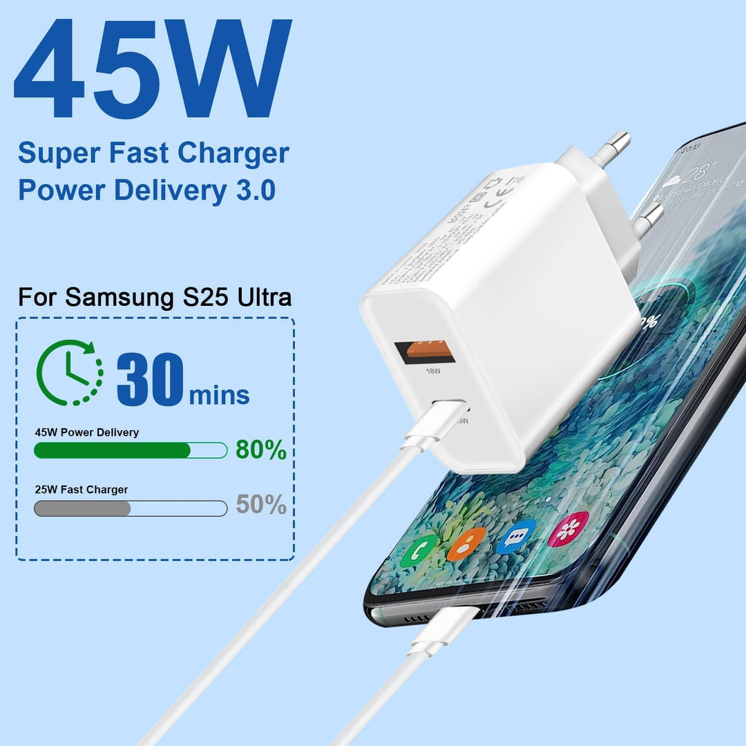 2Pack 45W USB C Ladegerät und LadeKabel für Samsung S26 Ultra/S25 Edge/S24 FE/S25 Plus/S23 /S22 S21
