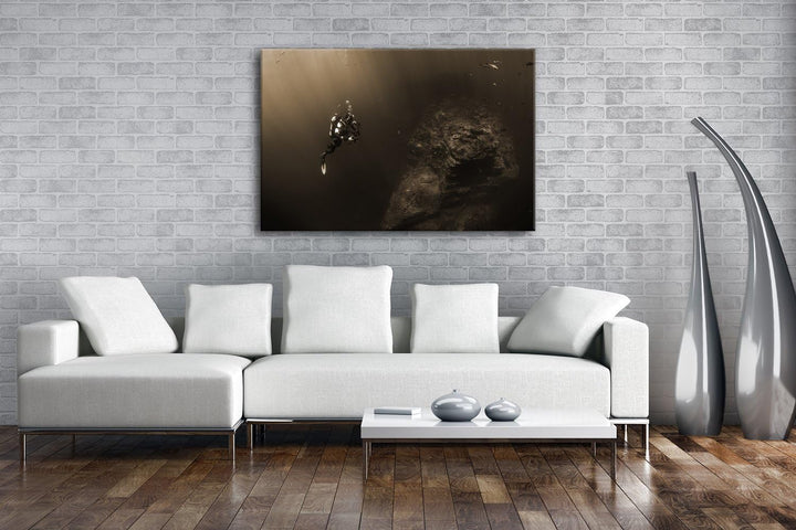 deyoli Schwarz Weiss Taucher im Ozean Format: 80x60 Effekt: Sepia als Leinwandbild, Motiv fertig ger