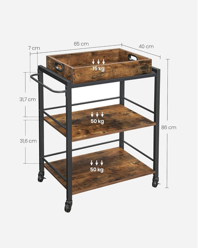 VASAGLE Servierwagen, Küchenwagen, abnehmbares Tablett, mit verstellbaren Füssen und Rollen, Küchenr