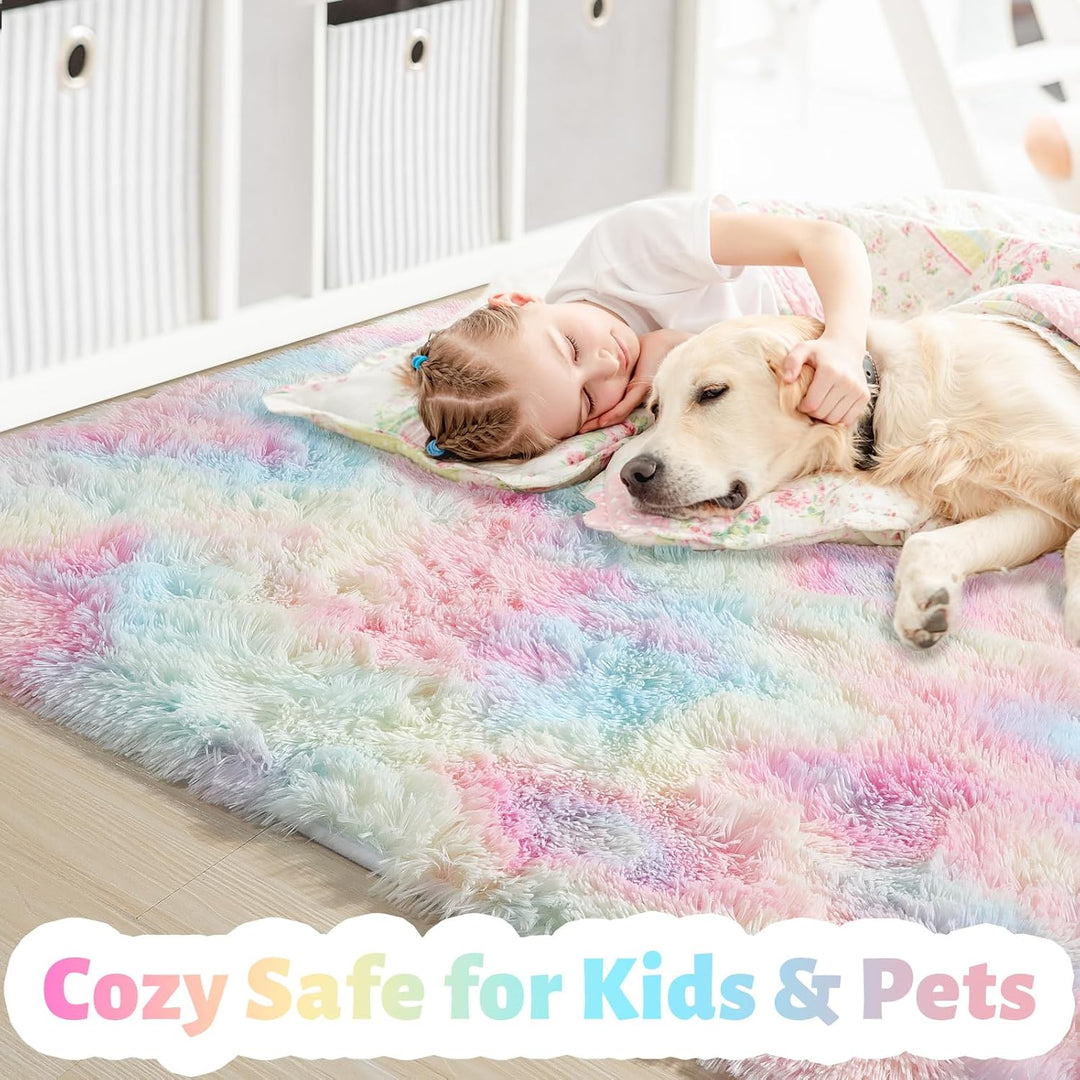 Flauschige Regenbogen-Teppiche für Mädchenzimmer, Einhorn-Zimmerdekoration, Pastell-Teppich für Kind