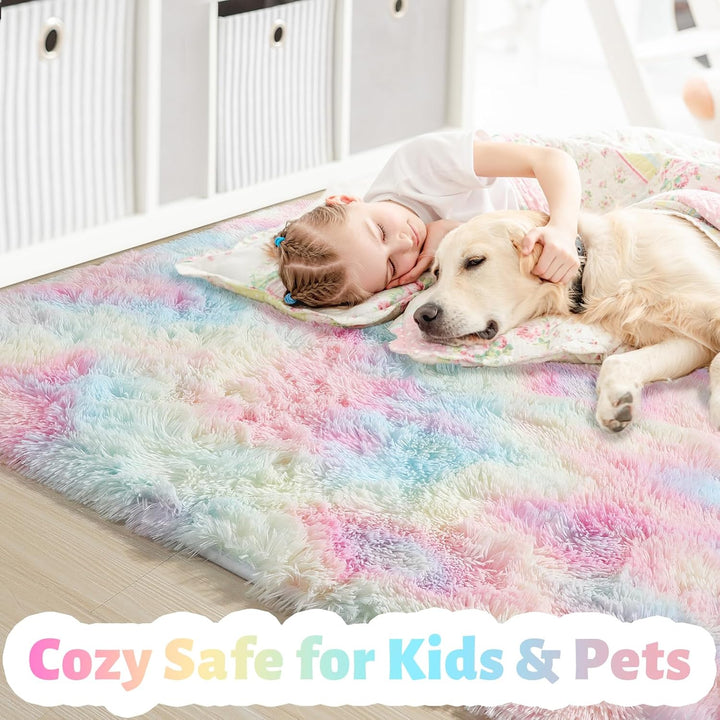 Flauschige Regenbogen-Teppiche für Mädchenzimmer, Einhorn-Zimmerdekoration, Pastell-Teppich für Kind