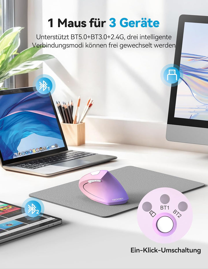 TECKNET Ergonomische Bluetooth Maus, Wiederaufladbar Kabellose Vertikale Maus (BT 5.0/3.0 + 2.4G), 6