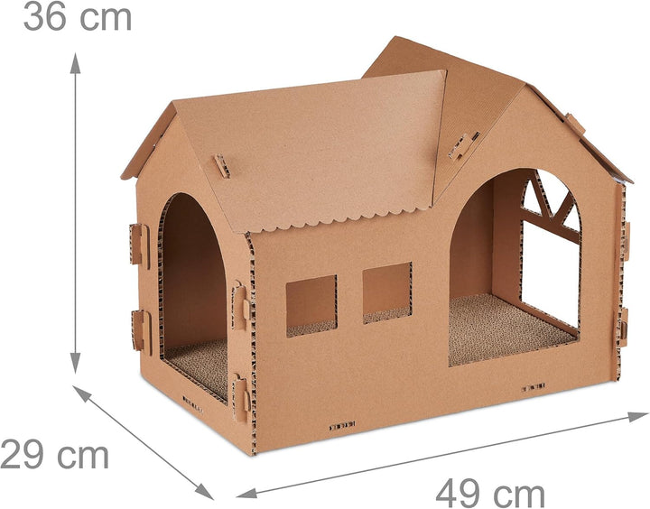 Relaxdays Katzenhaus Pappe, Katzenhöhle mit Kratzbrett, zum Zusammenbauen, inkl. Katzenminze, HBT 36