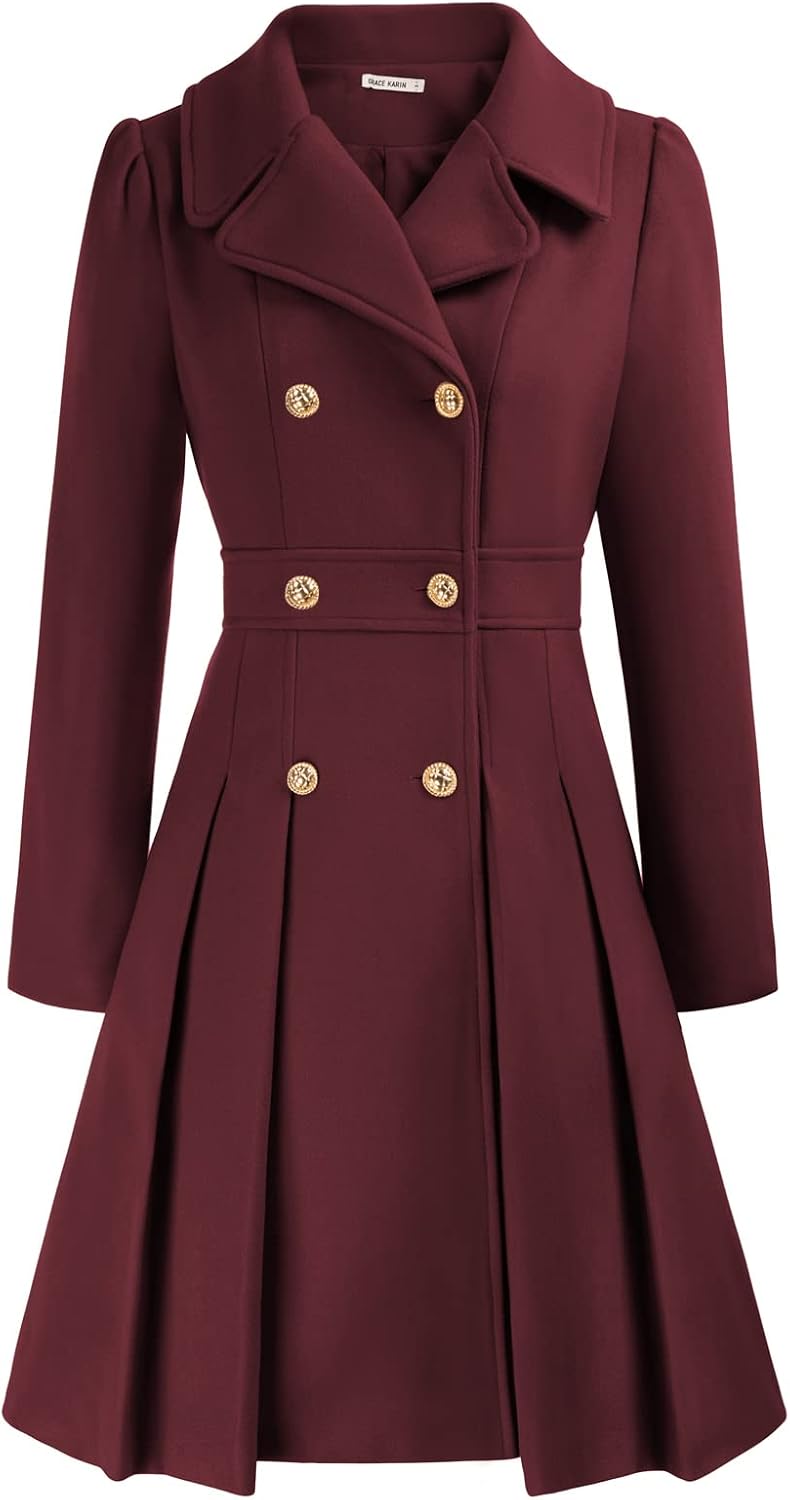 GRACE KARIN Damen Mantel Wintercoat Revers Zweireihiger Mantel Knielang Trenchcoat Winter Lang A-Lin