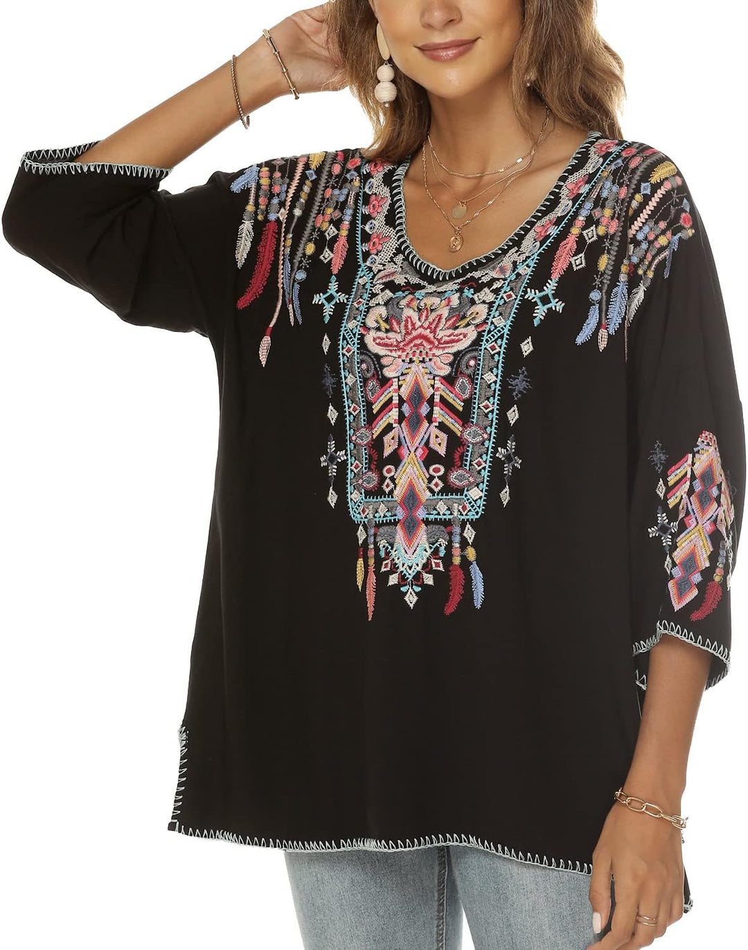 Vakakado boho Stickerei Bluse hippie Kleidung Damen 70er 80er Jahre Bekleidung bohemian Folklore Bes