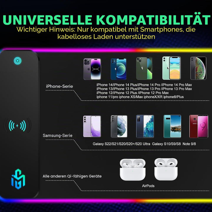 RGB Gaming Mauspad 15W Qi Mousepad LED, 10 Beleuchtungsmodi mit 15W Schnellladung Qi Kabelloses Lade