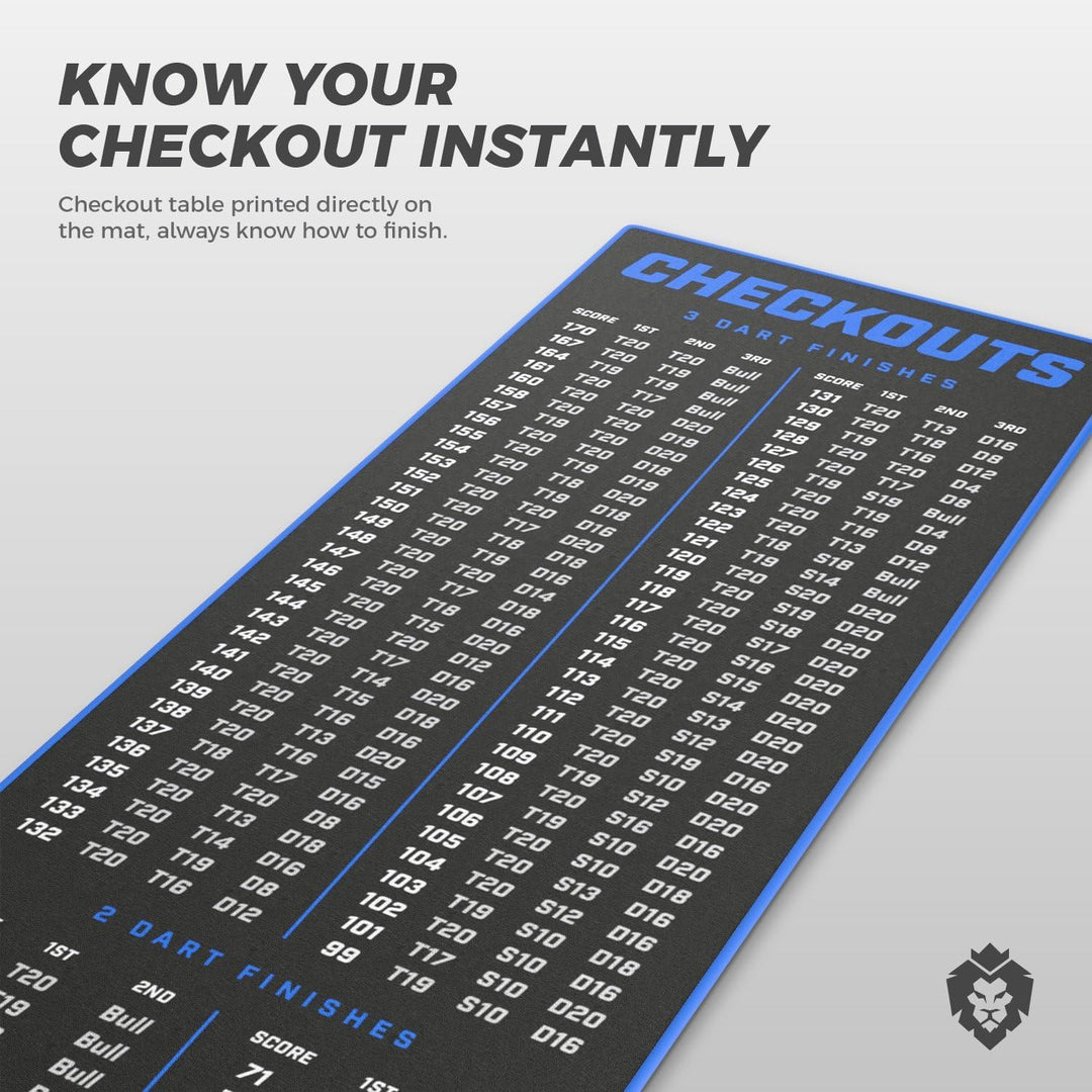 KOTO - Carpet Checkout Dartmatte, Schutz Bodens und Dartpfeile, Mit Score-Indikation + Oche 237x60cm