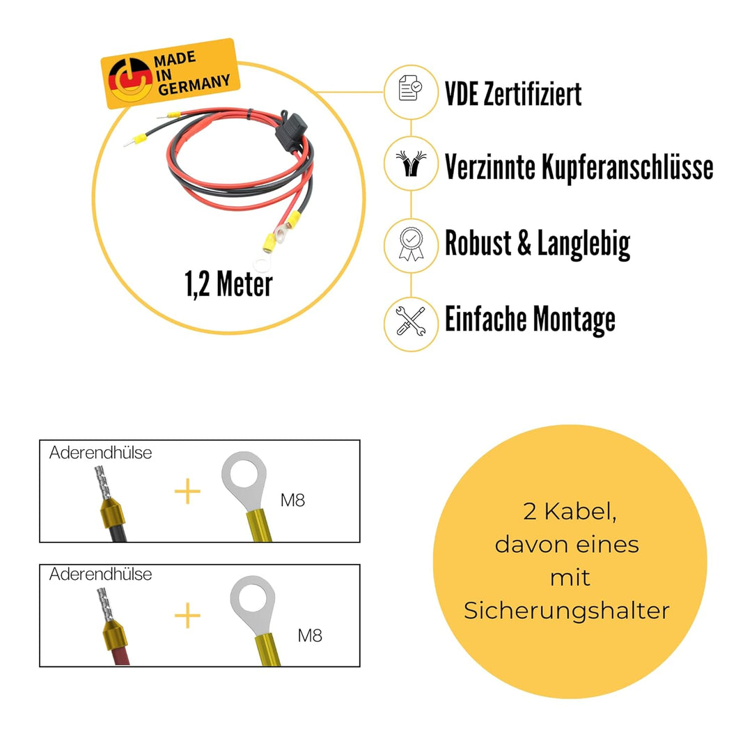 CAMPERPOWER | 1,2m Anschlusskabel für Laderegler I Verbindet Solarladeregler und Versorungsbatterie