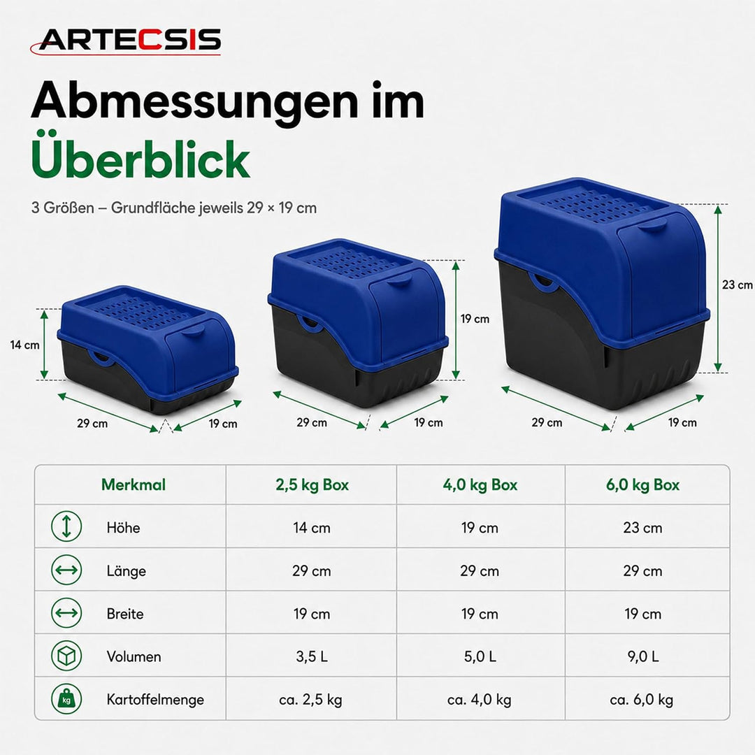 ARTECSIS® 3 x Kartoffel Aufbewahrungsbox mit Deckel für 4 kg Kartoffeln (königsblau) - Vorratsbehält