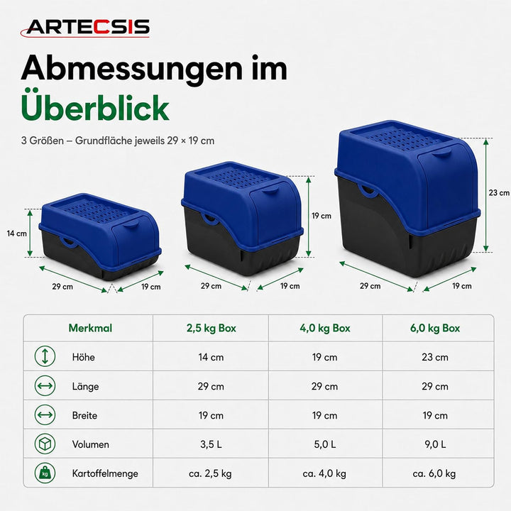 ARTECSIS® 3 x Kartoffel Aufbewahrungsbox mit Deckel für 4 kg Kartoffeln (königsblau) - Vorratsbehält