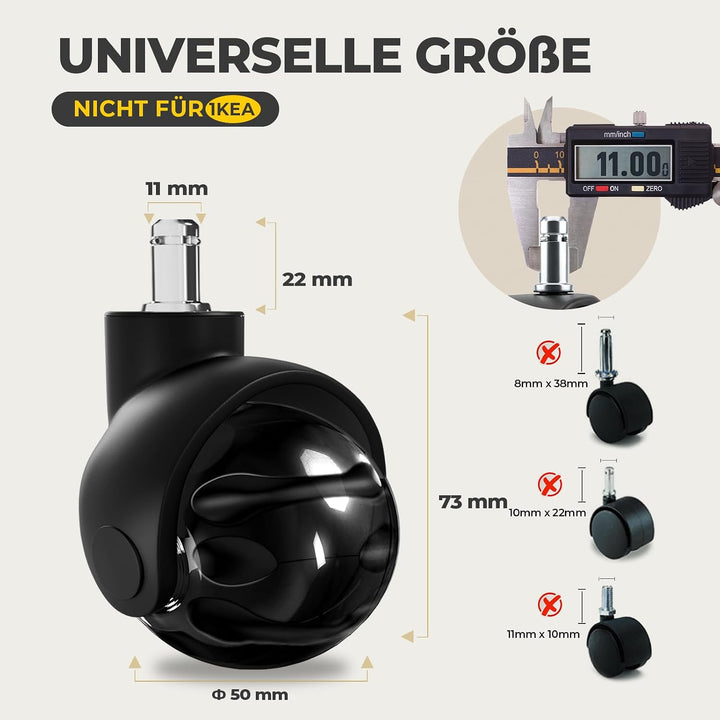 Sytopia Bürostuhl Rollen 5er Set in Schwarz, Rollen für Bürostühle 11 x 22 mm für Teppichböden, Hart
