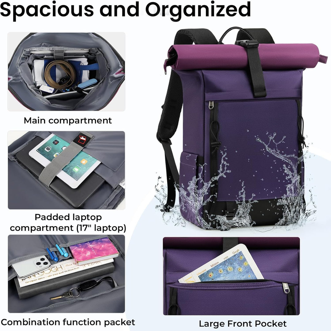 RAINSMORE Rolltop Rucksack Damen Herren, Rucksack Wasserdicht, Laptop Rucksack 17 Zoll Gross Reiseru
