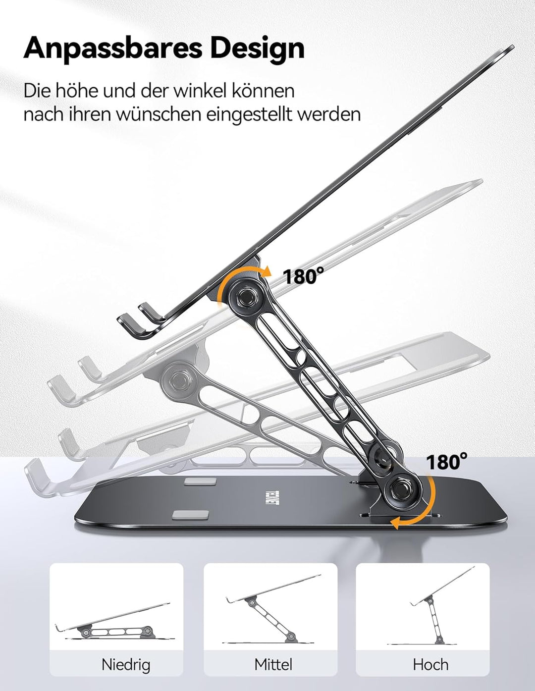 TECKNET Laptop Ständer Höhenverstellbar und Drehbar, Ergonomische Laptop Halterung Schreibtisch, Not