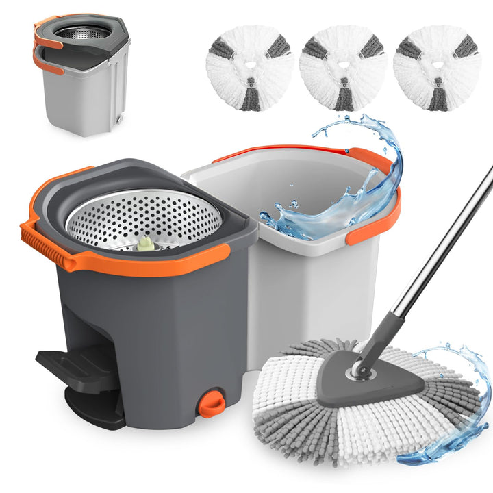 Wischmopp Set mit geteiltem Eimer & Fusspresse – Faltbarer Bodenwischer mit Auswringfunktion & 2-Kam