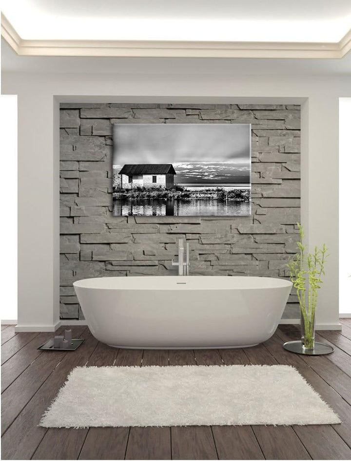 Pixxprint Haus am See bei Sonnenuntergang als Leinwandbild/Grösse: 100x70 cm/Wandbild/Kunstdruck/fer