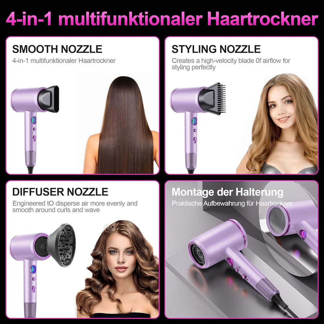 Tisoutec Föhn,Fön,Haartrockner Profi Ionen mit AC Motor 2400W Reisefön Diffusor|Haarfön 4-in-1|Heiss