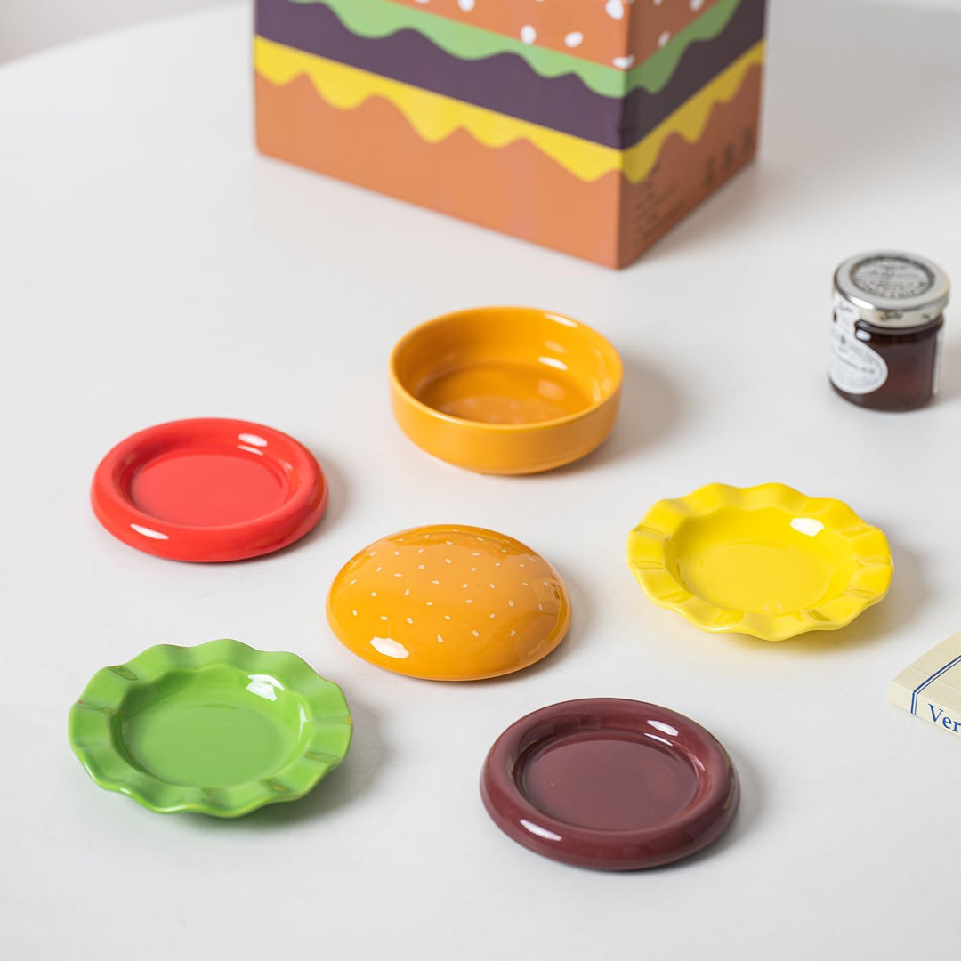 Mini Keramik Sauce Teller Sets (6 Stück), Cute Hamburg Style Dessert Teller & Snack Schalen mit Deck