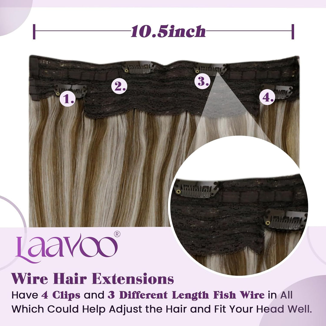 LaaVoo Remy Extensions Echthaar mit Draht Braun Blond Invisible Wire Extensions Echthaar Hellbraun H