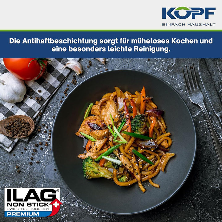 Kopf Wok Mai-Lu (Aluguss, Ø 36 cm, Induktion, ILAG Antihaftbeschichtung, inkl. Glasdeckel und Zubehö
