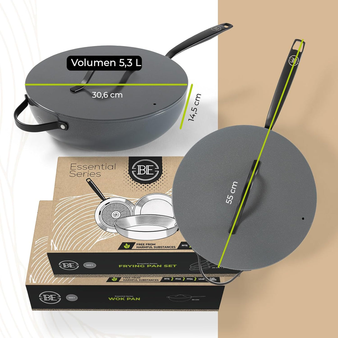 Be Living Essential Pfannenset 4-teilig, Bratpfanne 20/24/28 cm + Wokpfanne 28 cm mit Deckel, Non St
