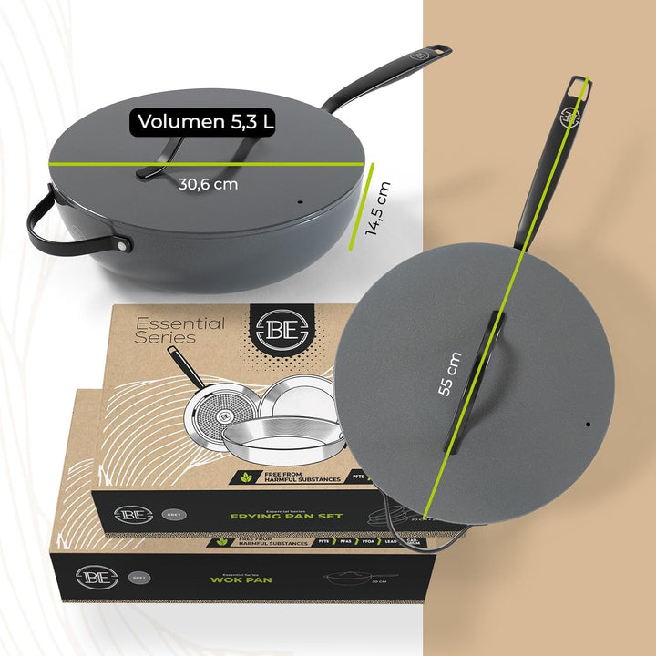 Be Living Essential Pfannenset 4-teilig, Bratpfanne 20/24/28 cm + Wokpfanne 28 cm mit Deckel, Non St