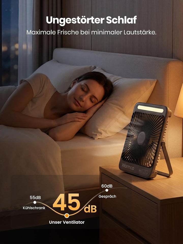Warmco 20000mAh Tragbarer Camping Ventilator 27cm mit LED-Licht, Ultra-Leise, Dünn, Digitalanzeige,