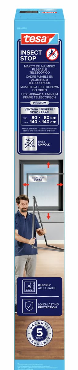 tesa Insect Stop FALT Fenster - Faltbarer Alu-Rahmen - Fliegengitter mit verstellbarem Teleskoprahme