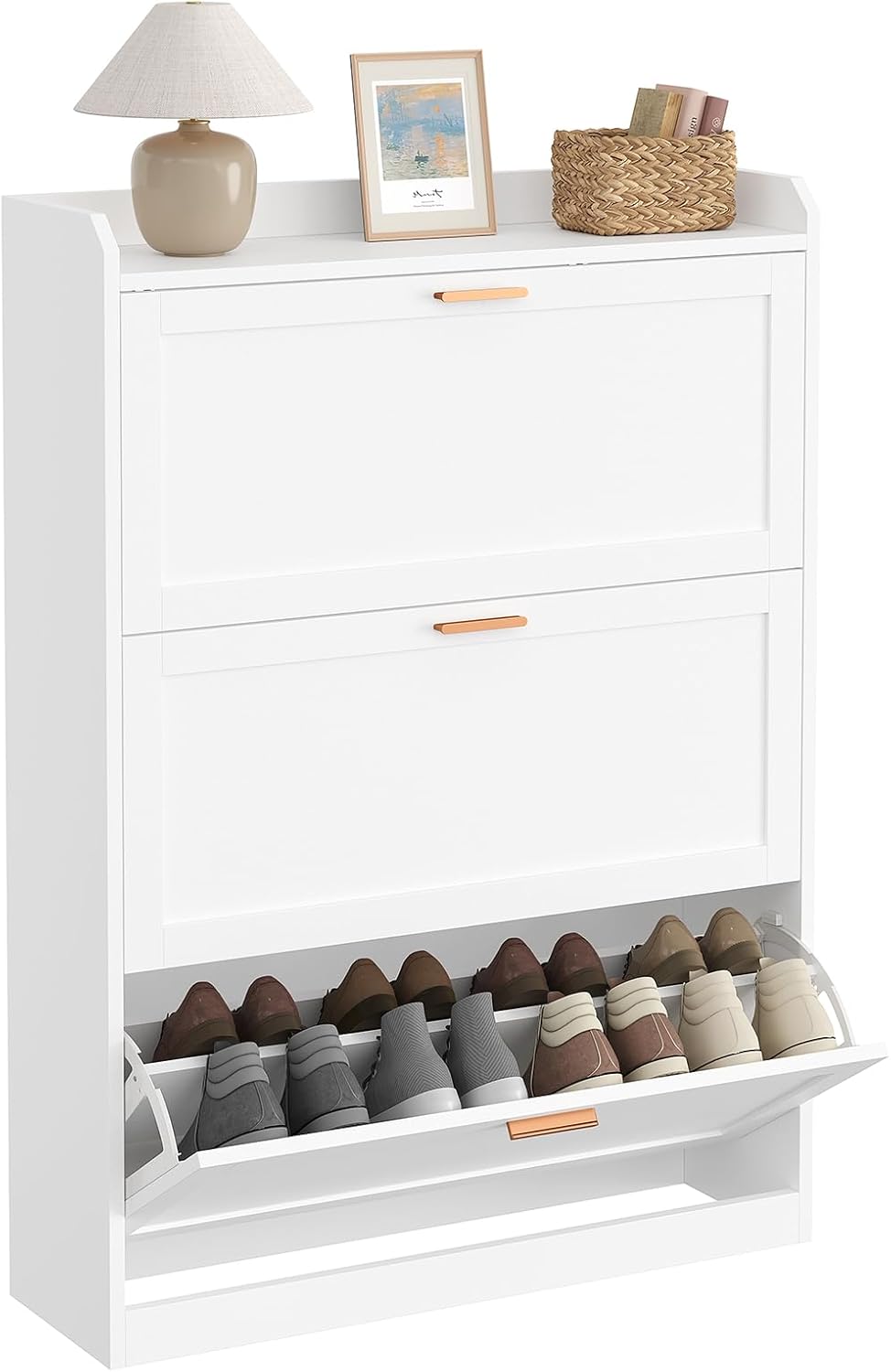 Schuhschrank mit 3 Klappen, Schuhkipper Schmal, Trennwand Verstellbar, für 16-24 Paar Schuhe, Flur,