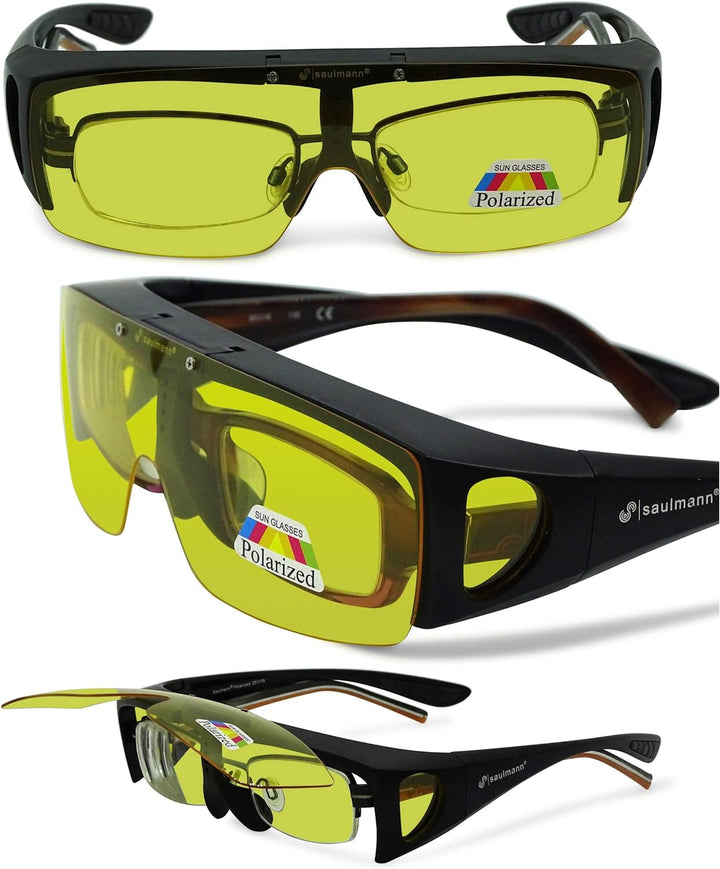 Saulmann® Polarisierte Unisex Flip-UP Überzieh Blendschutzbrille - Kontrast Outdoor- & Nacht Fahrbri