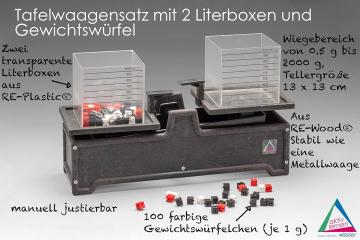 WISSNER 070120.000 aktiv Lernen-Tafelwaage mit 2 Literboxen und Gewichtswürfel-RE-Wood, Mehrfarbig