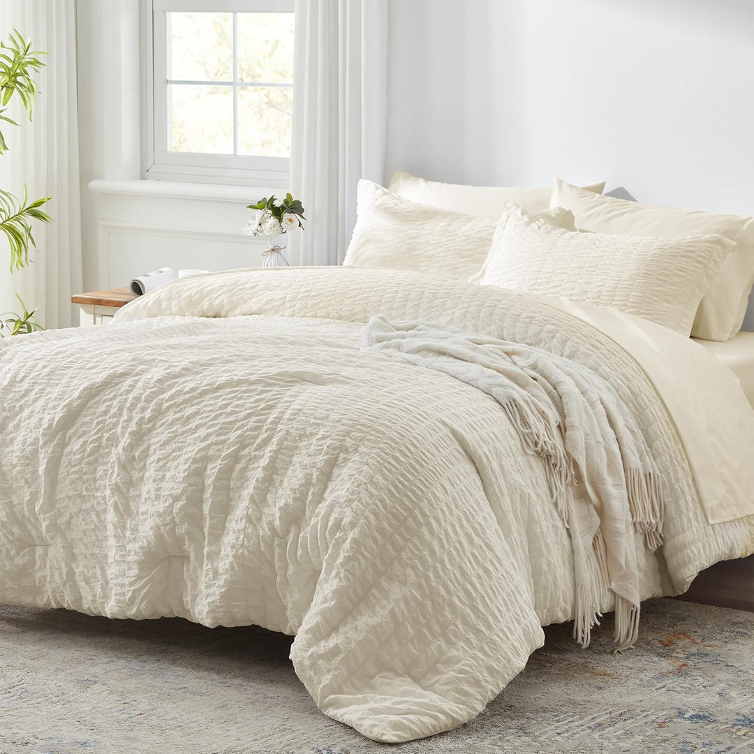 Zzlpp Queen-Bettwäsche-Set, 7-teilig, hellgelbes Seersucker-Bett in Einer Tasche mit Steppdecke, 2 K