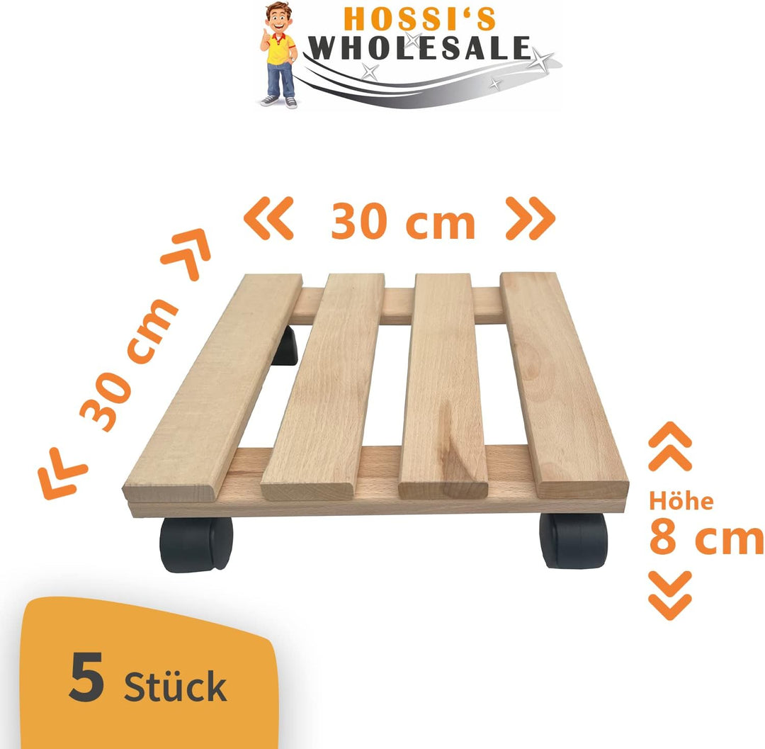 Unbekannt Fünf Pflanzenroller Holz MASSIV aus stabilem Buchenholz eckig 30 cm x 30 cm bis 120 KG