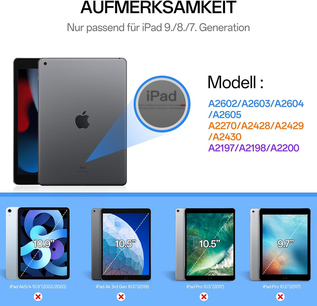 Hülle mit Tastatur für iPad 9./8./7. Generation 10,2 Zoll 2021/2020/2019, Abnehmbare kabellose Keybo