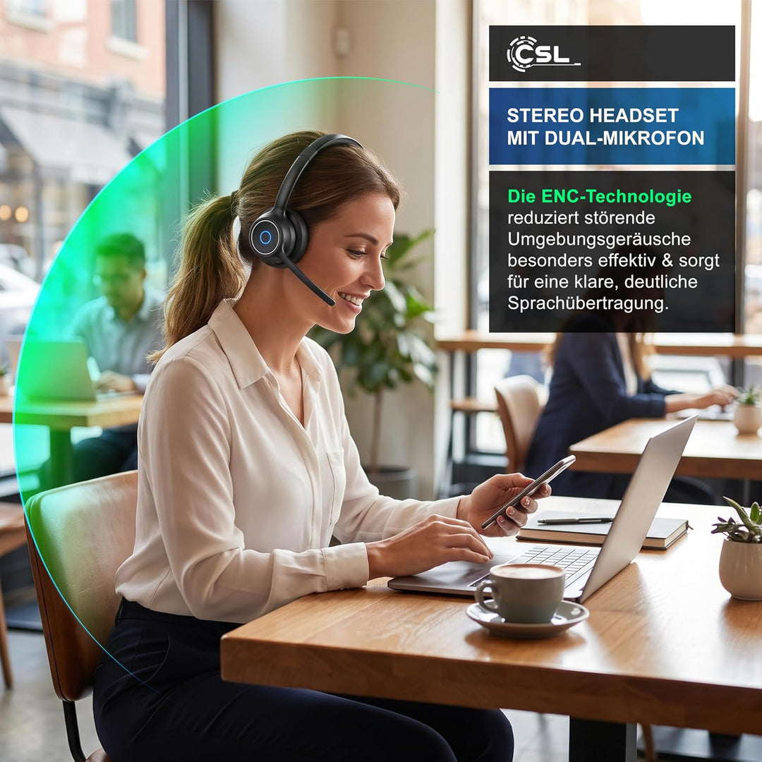 CSL - Office PC Headset Bluetooth mit 2 Mikrofone - Noise Cancelling Dual-Mic für ENC Geräuschfilter