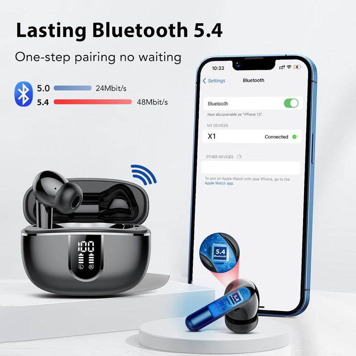 KT1 Kopfhörer Kabellos Bluetooth 5.4 In Ear mit LED, Kraftvollem Bass | HD Mic,40 Stunden Spielzeit,