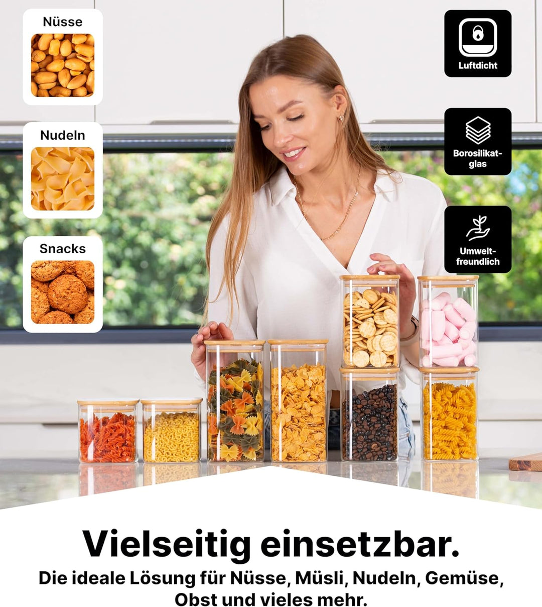 Deco haus® Vorratsgläser mit Deckel eckig 8er Set [+ETIKETTEN] - Vorratsdosen Glas mit Deckel luftdi