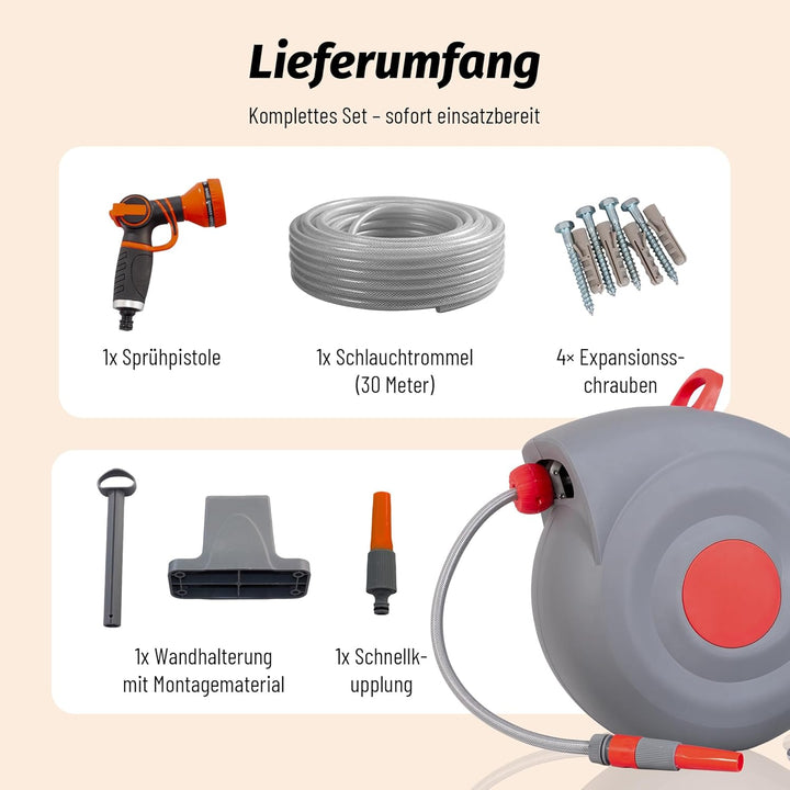 Schlauchbox RollUp 30 m – 180° Schwenkbare Schlauchtrommel, Flexible Bewässerung für Grosse Gärten,