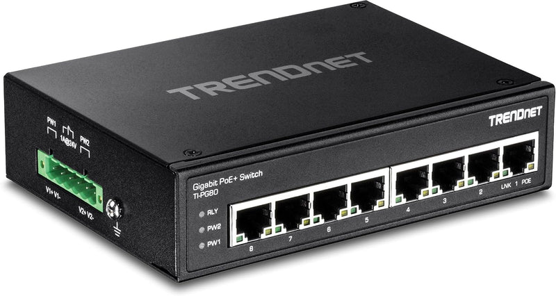 TRENDnet TI-PG80 8-Port gehärteter industrieller, nicht verwalteter Gigabit-PoE + DIN-Schienen-Switc