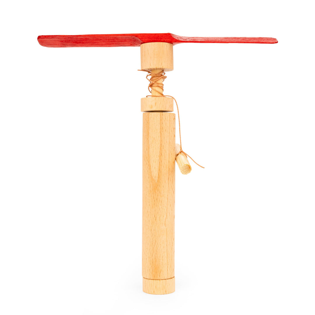 Kikkerland Huckleberry Pull Helicopter – Beechwood Flying Toy with Launcher for Outdoor Play