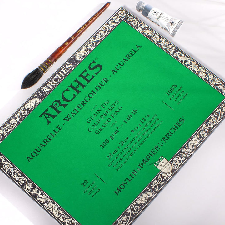 Arches 1795060 Aquarellpapier im Block (23 x 31 cm, 4-seitig geleimt, 300g/m² Feinkorn) 20 Blatt nat